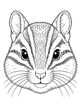 A detailed chipmunk coloring page showing a close-up portrait of its face, stripes, and whiskers.