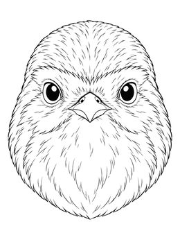 A detailed robin coloring page featuring a symmetrical portrait of a fluffy bird face.