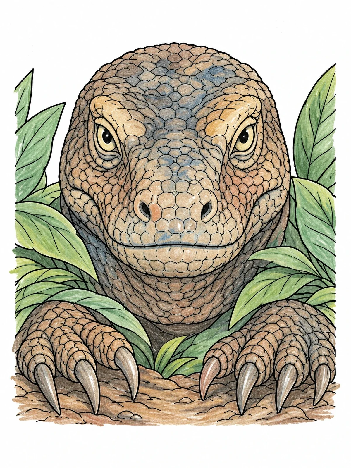 Colored example of the Komodo Dragon Emerging From Foliage coloring page