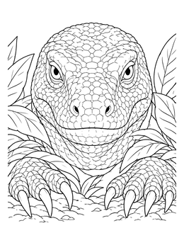 A close-up komodo dragon coloring page featuring sharp claws and detailed scaly skin framed by leaves.