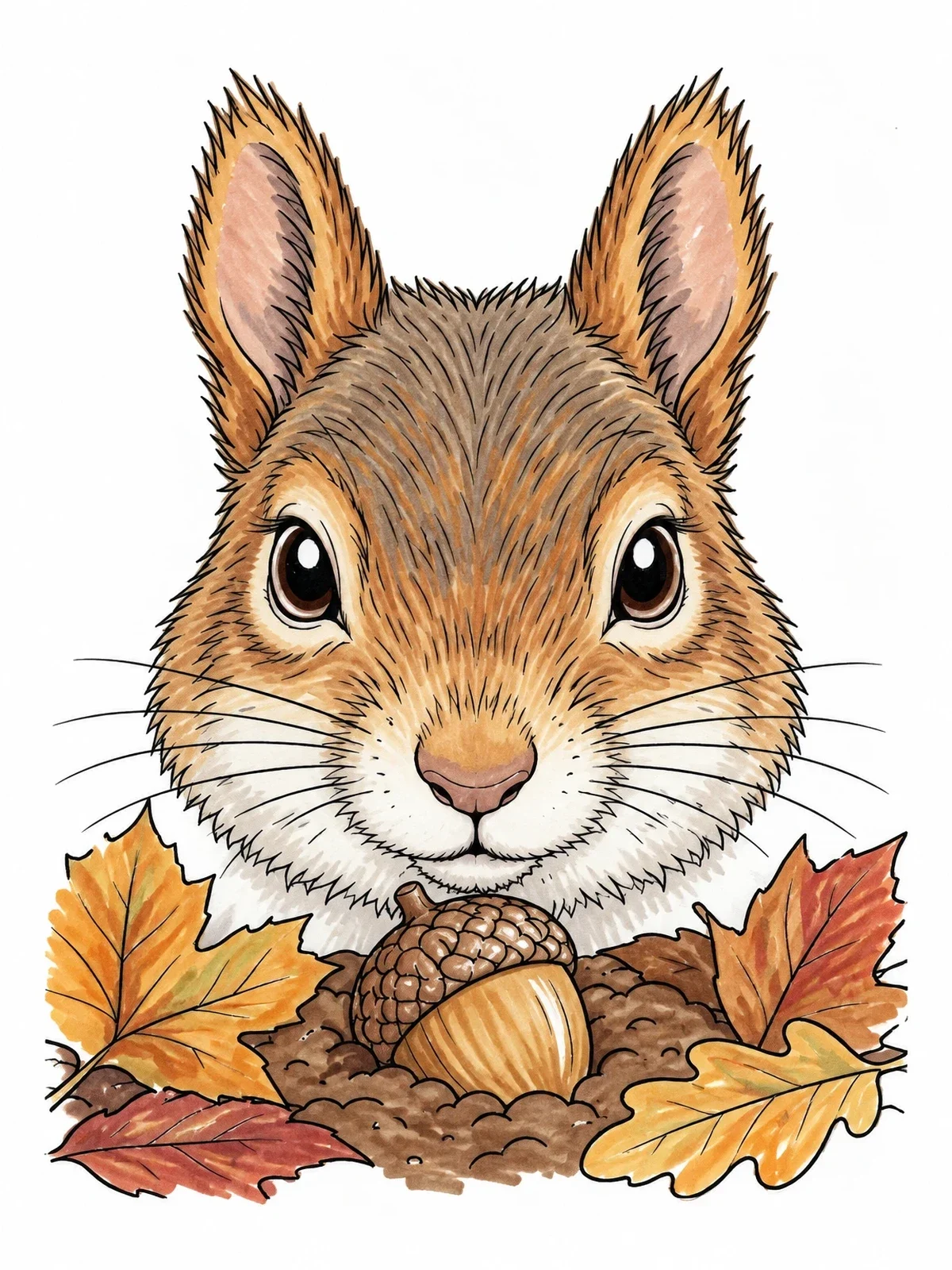 Colored example of the Close Up Squirrel With Autumn Leaves coloring page