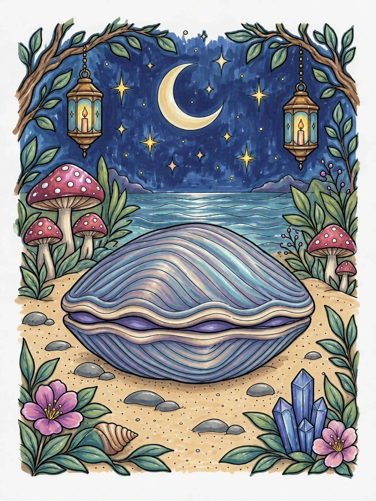 Colored example of the Closed Clam Beneath The Night Sky coloring page