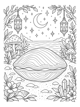 A large clam coloring page resting on the shore under hanging lanterns and a crescent moon.