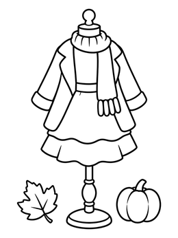 An autumn clothes coloring page showing a cozy coat, dress, and scarf on a mannequin.