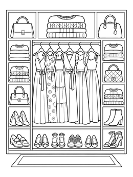 An organized boutique closet in this clothes coloring page featuring dresses, bags, and shoes.