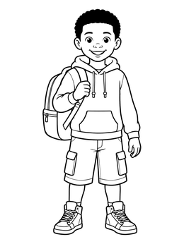 A smiling boy with a backpack on a clothes coloring page.