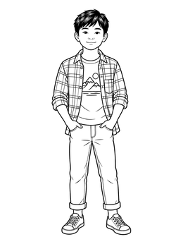 A smiling boy in casual layered outfit on this clothes coloring page.