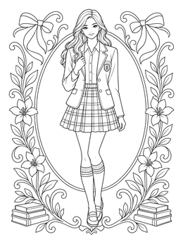 Chic school uniform in this stylish clothes coloring page framed by floral vines and ribbons.