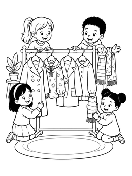 Happy children pick out outfits on this clothes coloring page featuring a garment rack.