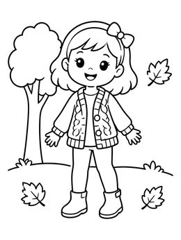 A cheerful girl in an autumn clothes coloring page wearing a knitted cardigan and boots outside.