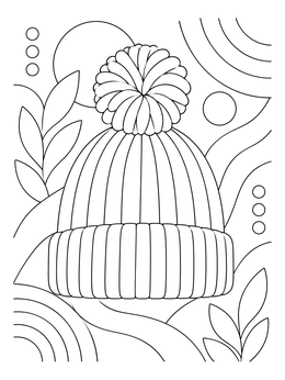 A warm ribbed winter hat in this clothes coloring page surrounded by abstract botanical patterns.