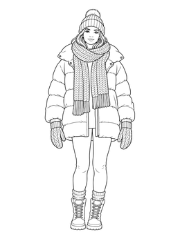 A woman in a cozy winter clothes coloring page wearing an oversized puffer coat, knit scarf, and mittens.