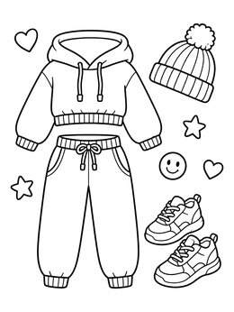 A stylish clothes coloring page featuring a cropped hoodie, sweatpants, sneakers, and a beanie.