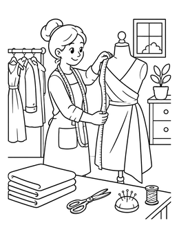 A tailor measures fabric on a mannequin in this clothes coloring page.