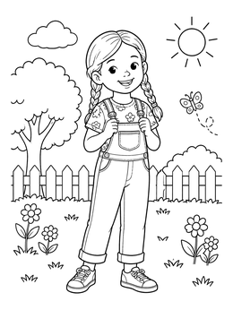 A smiling girl in overalls in this garden clothes coloring page.