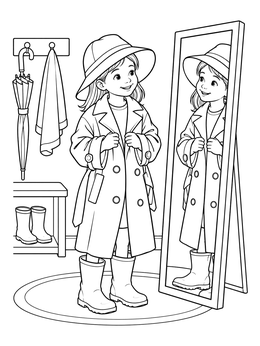 A clothes coloring page of a smiling young girl trying on an oversized trench coat and boots in front of a mirror.