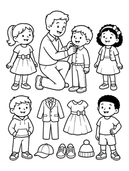 A father helps his son get dressed on this fun clothes coloring page with kids, outfits, and accessories.