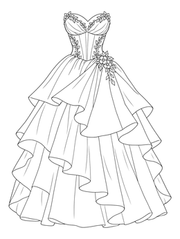 An elegant layered ball gown with floral accents on a detailed clothes coloring page.