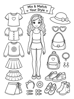 A girl paper doll surrounded by skirts, tops, and shoes on this clothes coloring page.