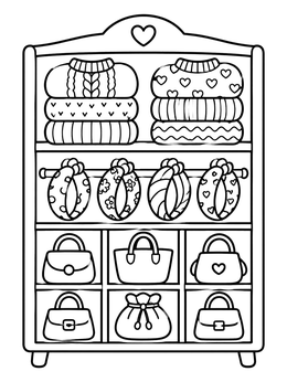 A neat clothes coloring page showing folded sweaters, headbands, and handbags inside a closet organizer.