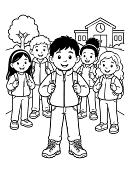 A group of cheerful children outside in this clothes coloring page.