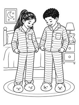 A brother and sister wearing striped sleepwear in this cozy clothes coloring page.