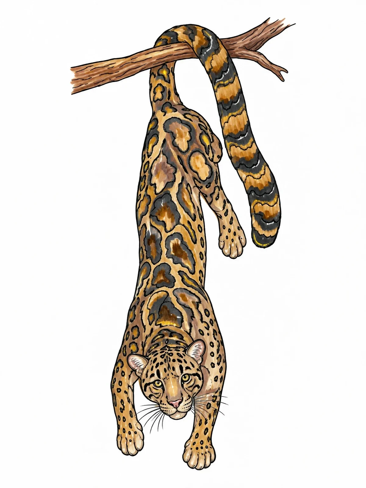 Colored example of the Clouded Leopard Climbing Down Tree Branch coloring page