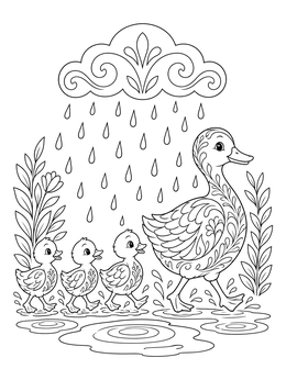 A duck family walking under a rain clouds coloring page.
