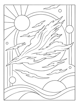 Stylized sky with a cirrus cloud and geometric shapes in this clouds coloring page.