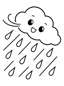 A smiling rain cloud with diagonal raindrops on this easy clouds coloring page.