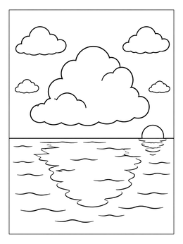 Free printable Fluffy Clouds Over Ocean Sunset coloring page