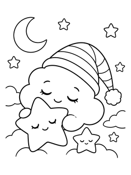 A peaceful sleeping cloud wearing a striped nightcap hugs a little star in this cute clouds coloring page.