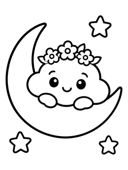 Free printable Smiling Cloud On Crescent Moon coloring page