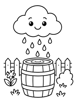A happy cloud drops rain into a wooden water barrel in this clouds coloring page.
