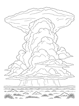 A massive storm anvil on this clouds coloring page rises over a wide flat landscape.