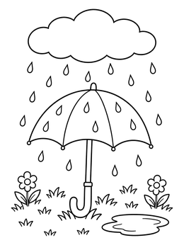 An umbrella stands in the grass below a raining clouds coloring page.