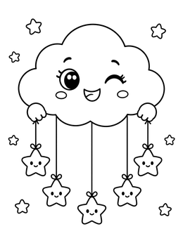 A smiling winking cloud holds hanging star charms on this clouds coloring page.