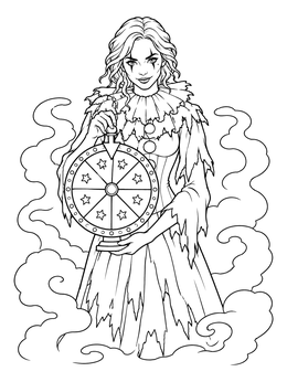 A mystical performer holding a carnival prize wheel on this clown coloring page surrounded by smoke.