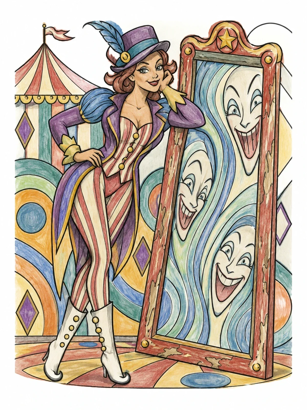 Colored example of the Carnival Performer By The Funhouse Mirror coloring page