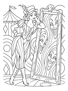 Vintage carnival trickster in a top hat leaning against a funhouse mirror clown coloring page.