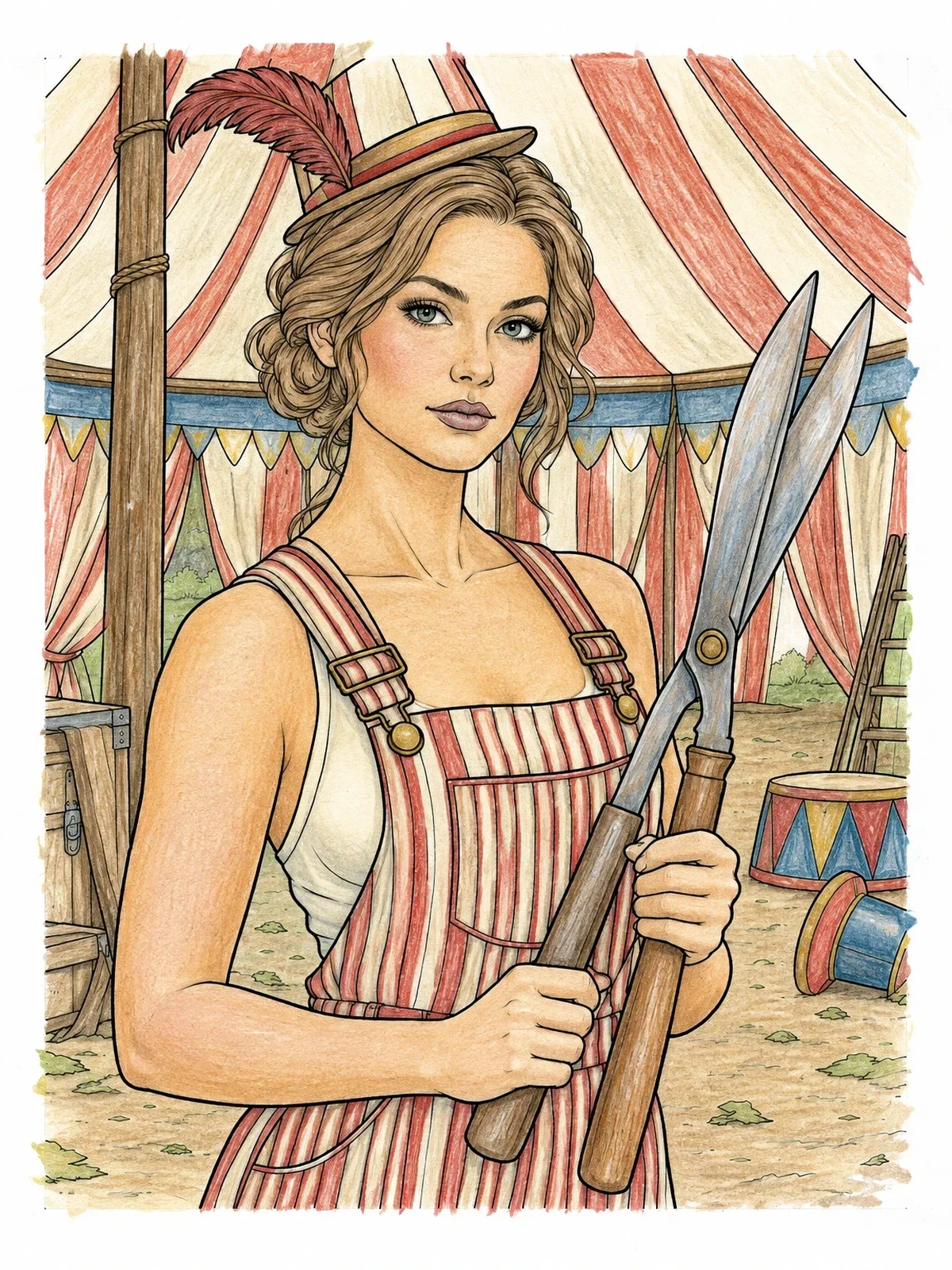 Colored example of the Circus Performer With Giant Shears coloring page