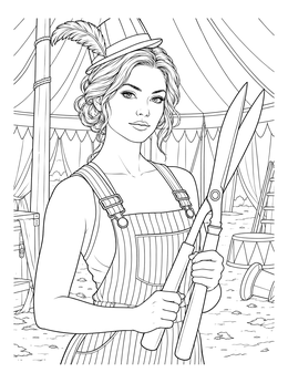 A circus performer holds huge shears inside a big top tent in this clown coloring page.