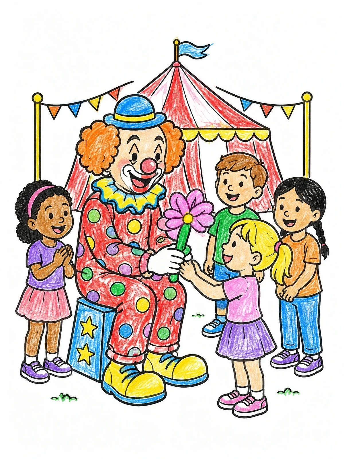 Colored example of the Friendly Clown Giving Balloon Flower coloring page