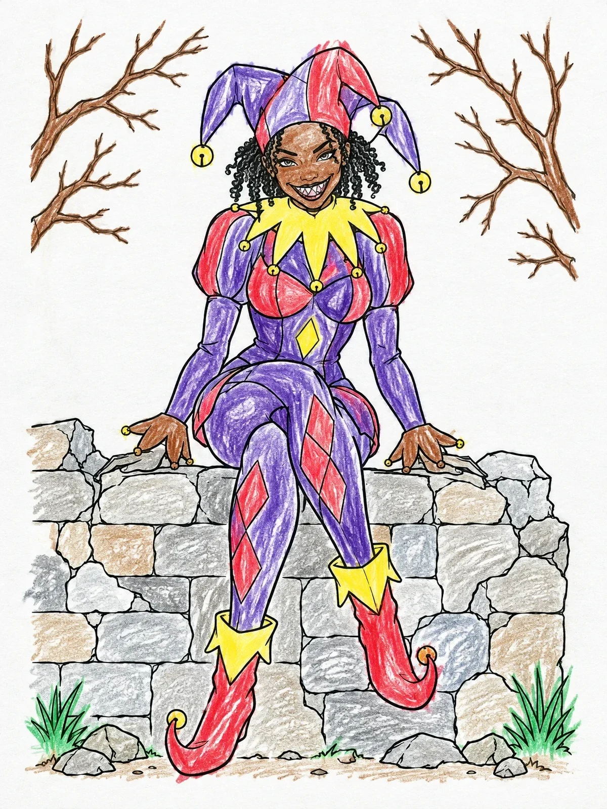 Colored example of the Gothic Jester On A Stone Wall coloring page