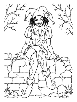 A smiling gothic harlequin sitting outdoors on this detailed clown coloring page.