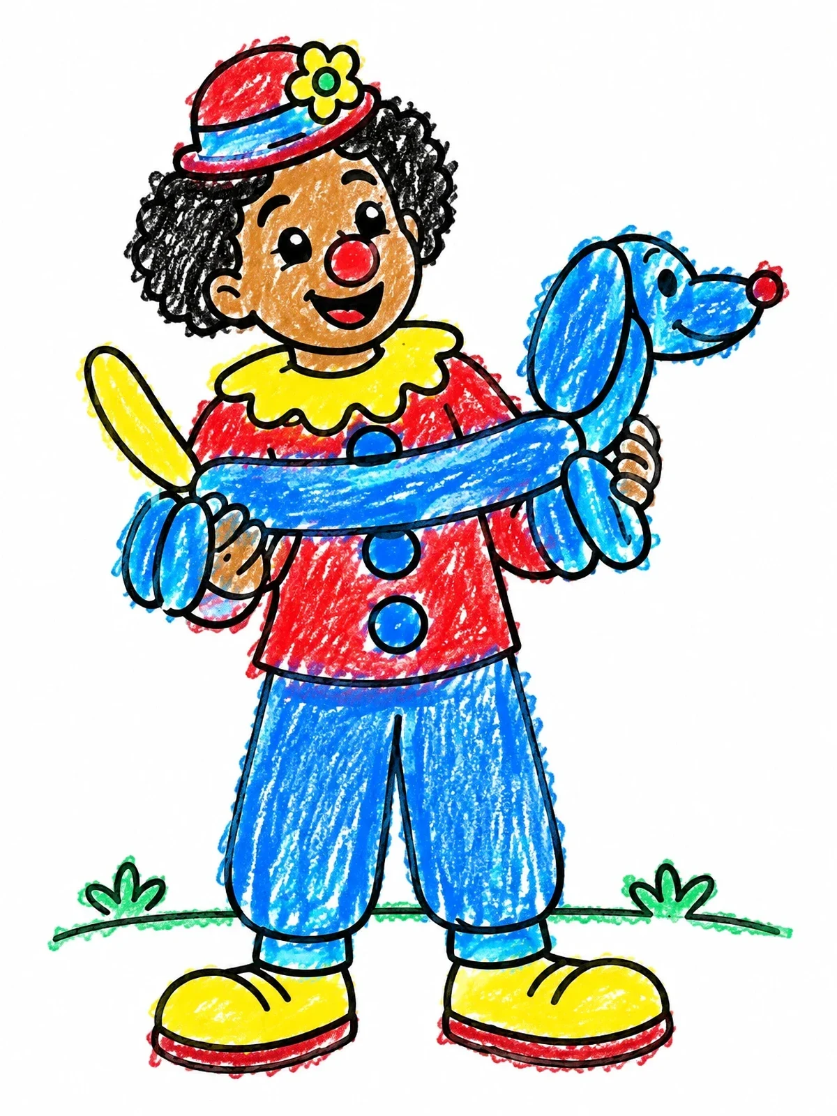 Colored example of the Cheerful Clown With Balloon Dog coloring page