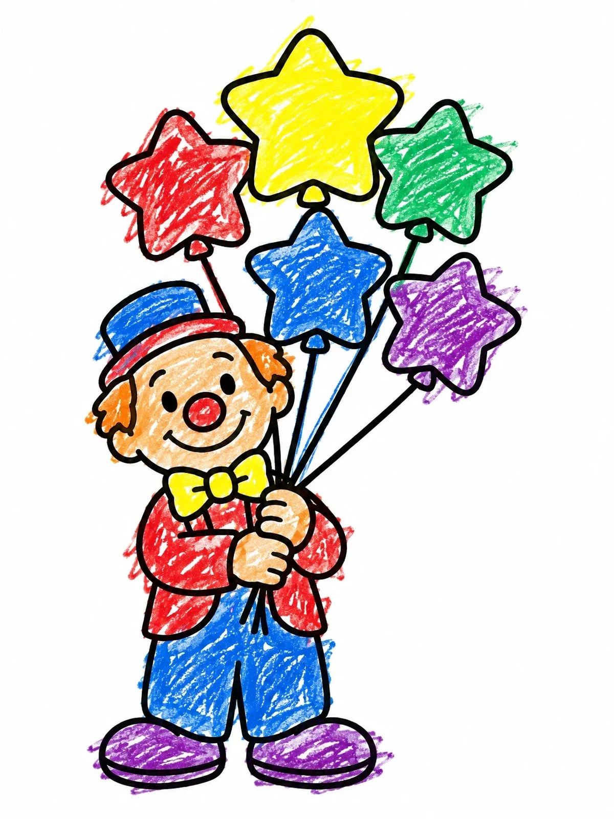 Colored example of the Friendly Clown Holding Star Balloons coloring page