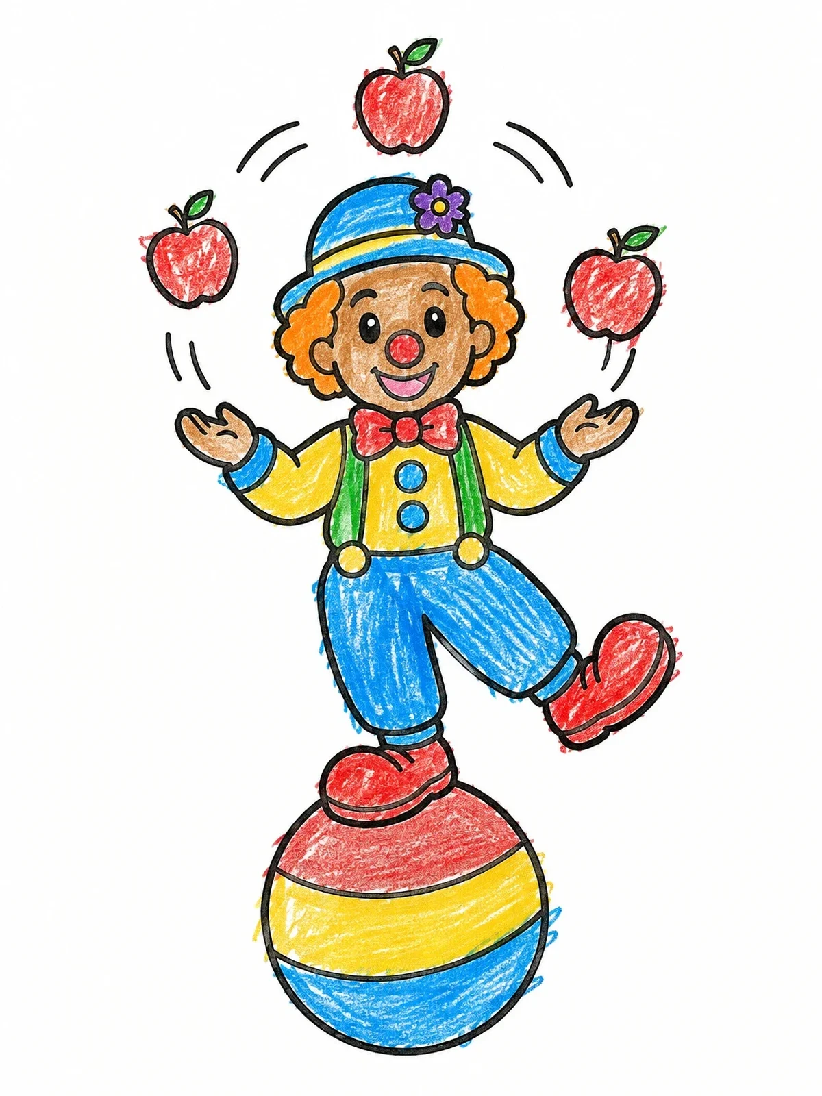 Colored example of the Cheerful Clown Juggling On A Ball coloring page