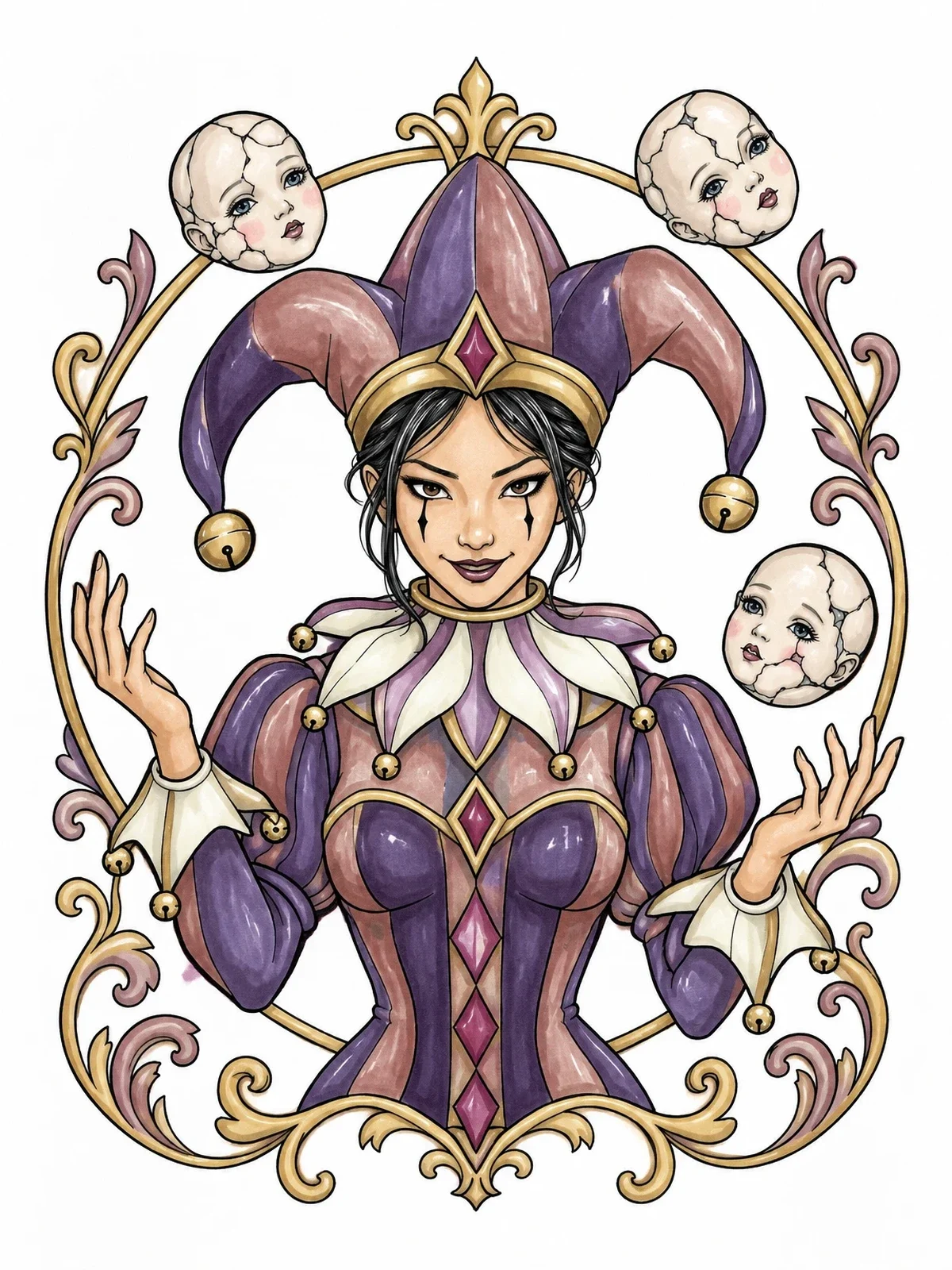 Colored example of the Sinister Jester With Porcelain Dolls coloring page