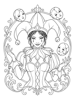 Intricate clown coloring page showing a female jester juggling cracked doll heads in an ornate frame.